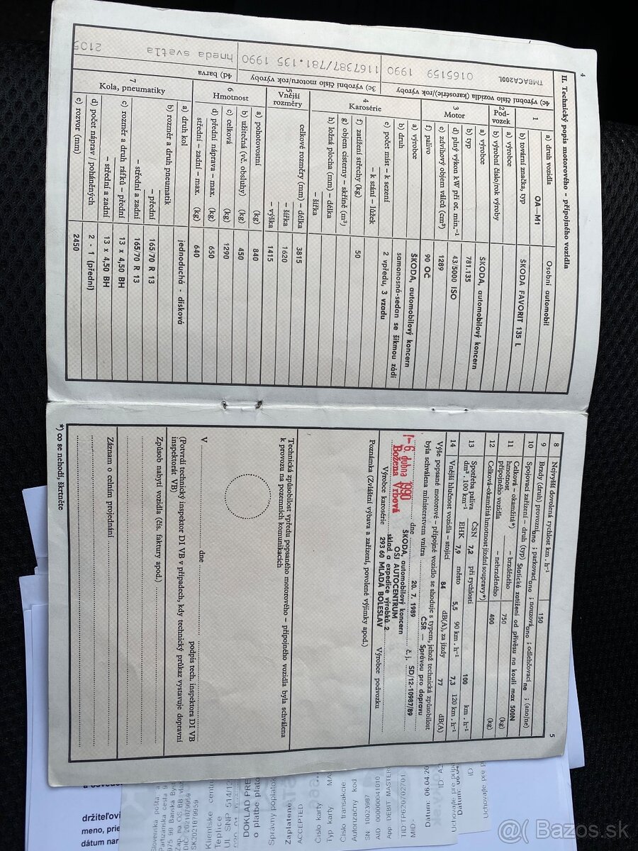 Škoda favorit 135 rv 1990 SK TP a ŠPZ sezónne prezutie - 13