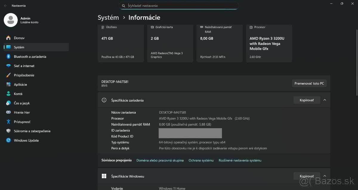 Lenovo V155-15API /AMD Ryzen 3-3200U/8GB RAM/FHD/SSD+HDD - 13