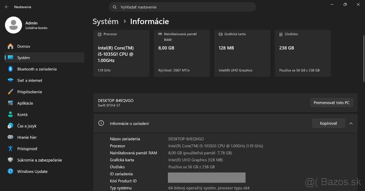 Acer Swift 3 /Intel Core i5-1035G1/8GB RAM/FHD/256GB SSD - 13