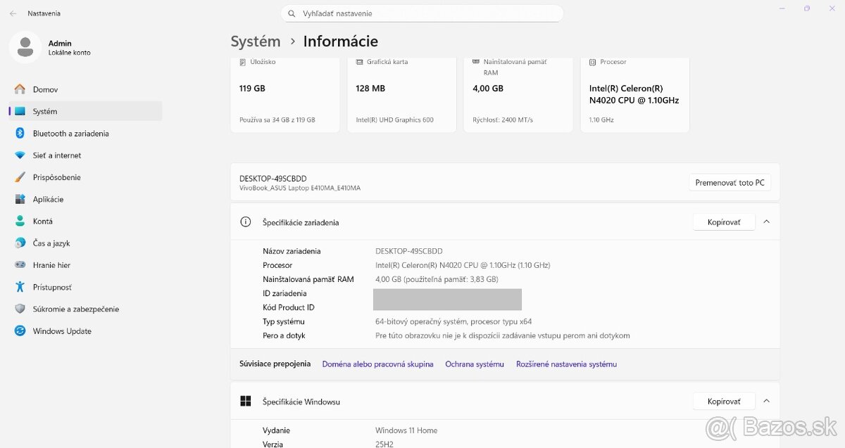 Asus E410MA/Celeron N4020/4GB RAM/FHD/128GB SSD/Nova bateria - 13