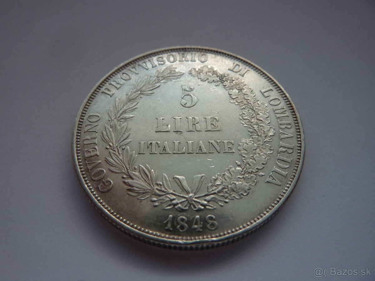 Vzácnejšia strieborná 5 Lire 1848 M - revolučná - 13