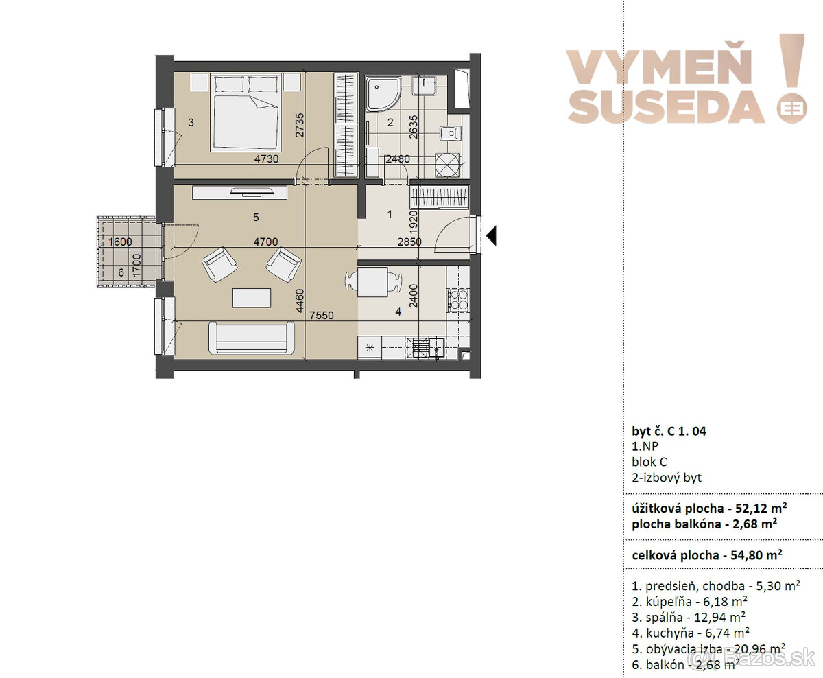 VYMEŇ SUSEDA - Výnimočný 2 IZB. BYT s balkónom, zariadená N - 13
