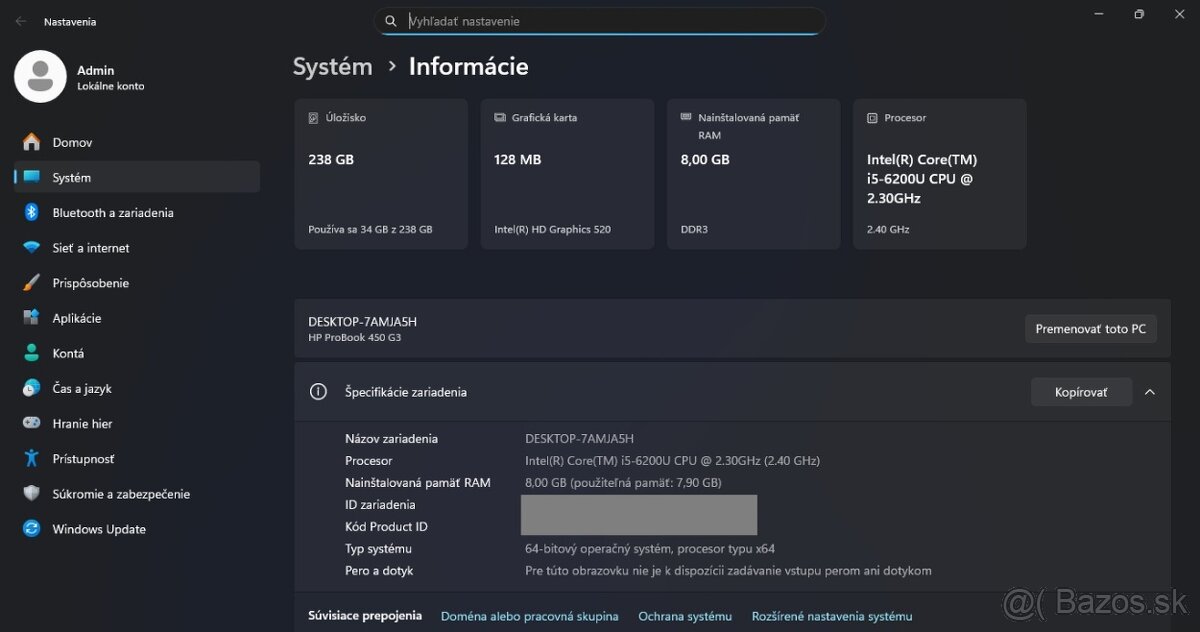 HP Probook 450 G3 /Intel Core i5-6200U/8GB RAM/HD/256GB SSD - 13