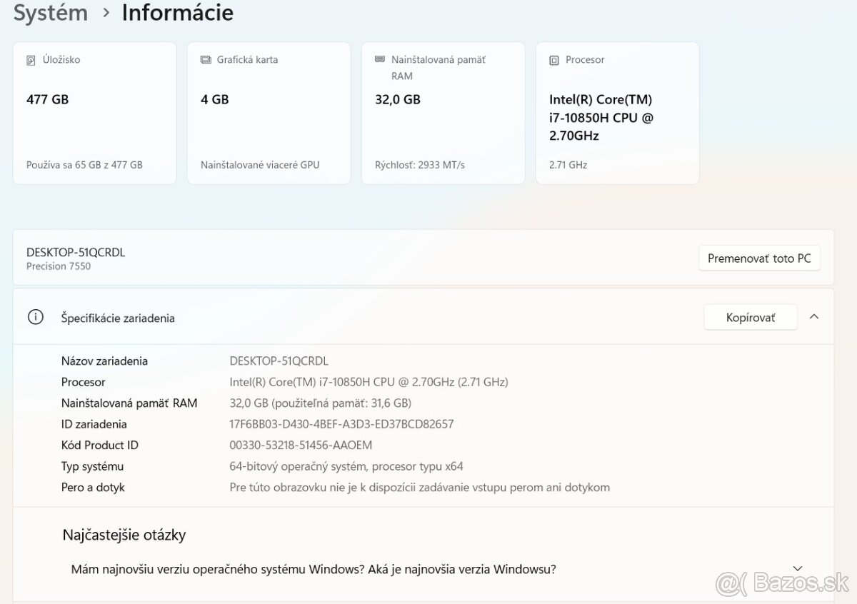 DELL Precision 7550 i7-10850H/32GB/500GB/NVIDIA Quadro - 13