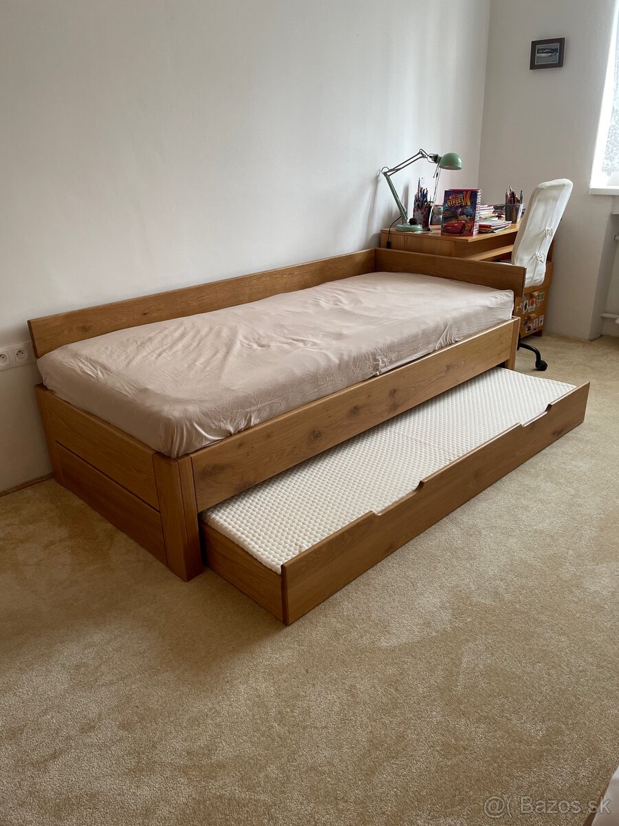 Dubová posteľ 90x200cm s výsuvným lôžkom - 13