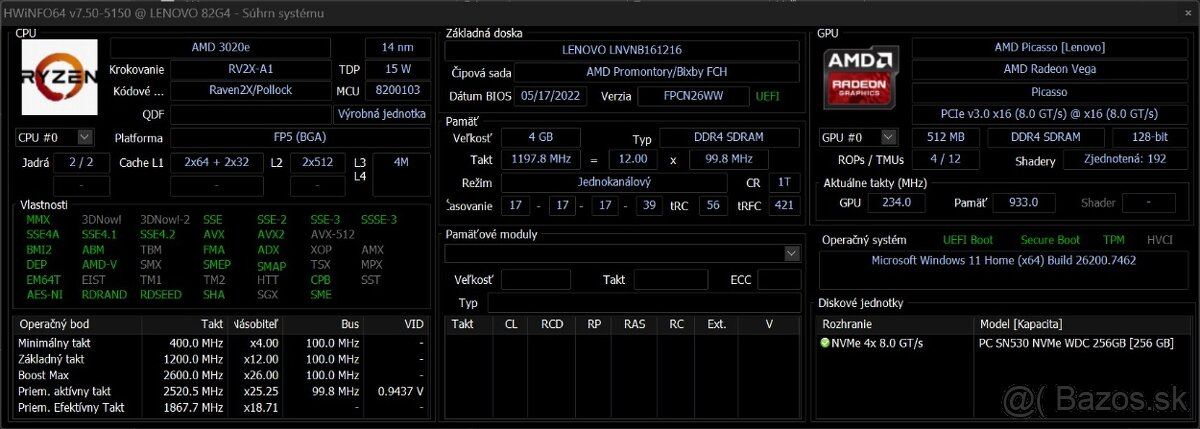 Ideapad Flex 3 /AMD 3020e/4GB RAM/Dotykový FHD IPS/256GB SSD - 13