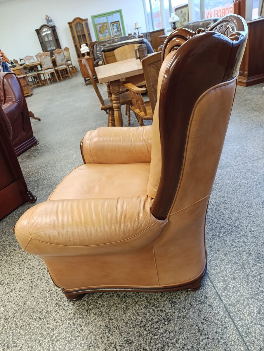 Rustikální kožené křeslo, masív, Nábytek s příběhem - 13