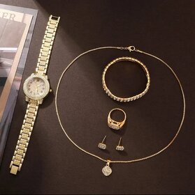 Zlaté dámske hodinky s náramkom, prsťeňom, náhrdelníkom a .. - 13