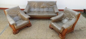 Rustikální sedací souprava, gauč a dvě křesla, kůže, masív - 13