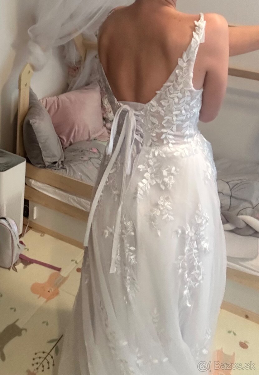 Krasne nové nenosené svadobné biele šaty na ramienka, 36 - 14