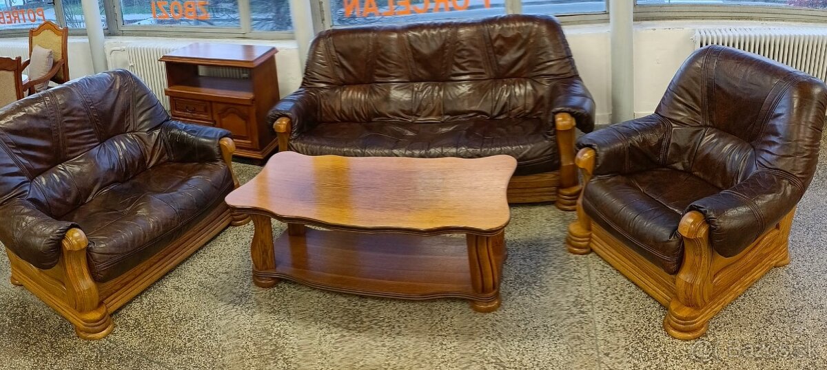 Rustikální kožená sedací souprava, 3+2+1, nábytek z masívu - 14