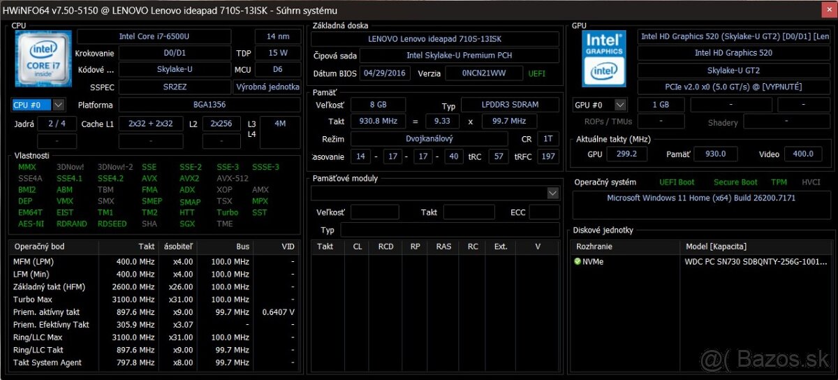 Ideapad 710s-13isk /i7-6500U/8GB RAM/FHD/256GB SSD/Nová bat - 14