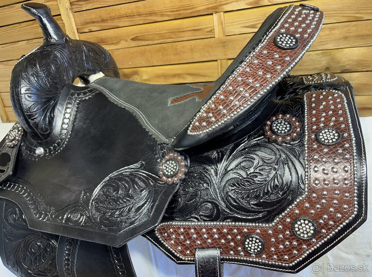 Westernový sedlový komplet 23) černé Floral hnědý krokodýl - 14