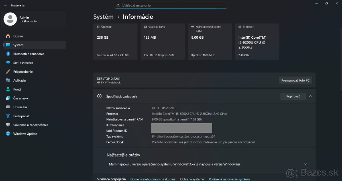 HP Envy 13 /Core i5-6200U/8GB RAM/FHD IPS/256GB SSD/Bat ok - 14