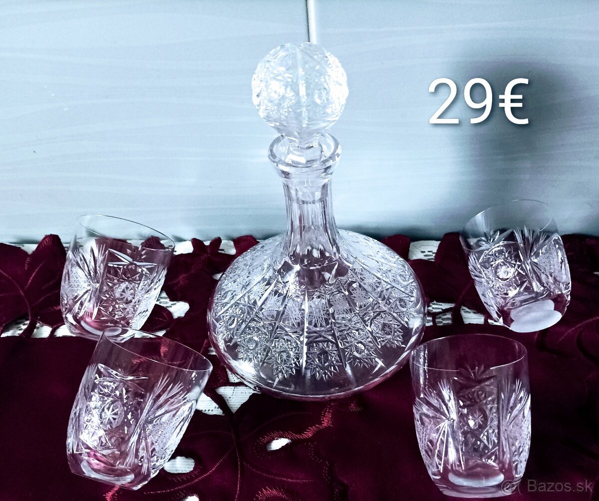 Krištáľové karafy + 4 ks poháre, džbán - 14