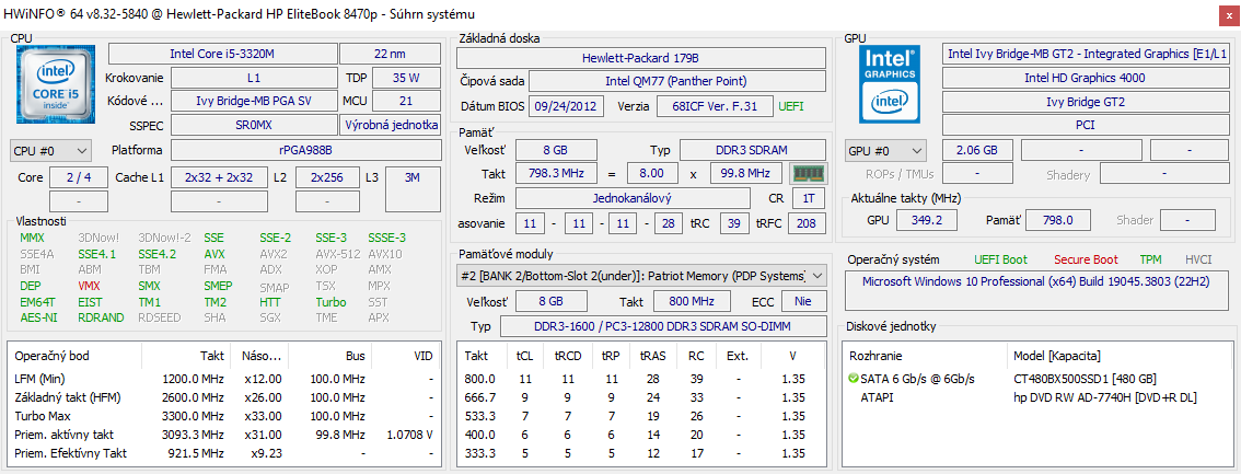 14" HP Elitebook 8470p, i5-3320M, 8GB, 500 GB SSD - 14