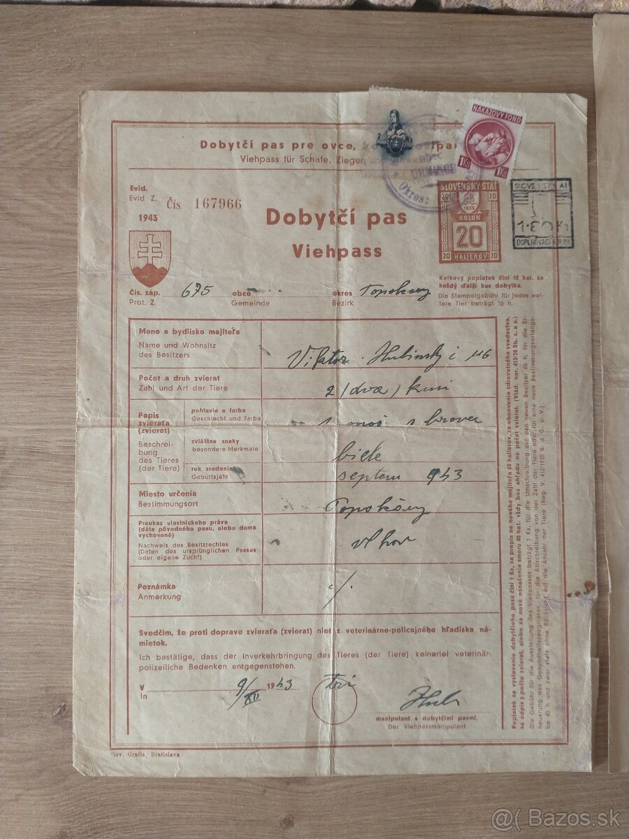 pohľadnice Kostelníček, Hlinka, slovenský štát, dobytčí pas - 14