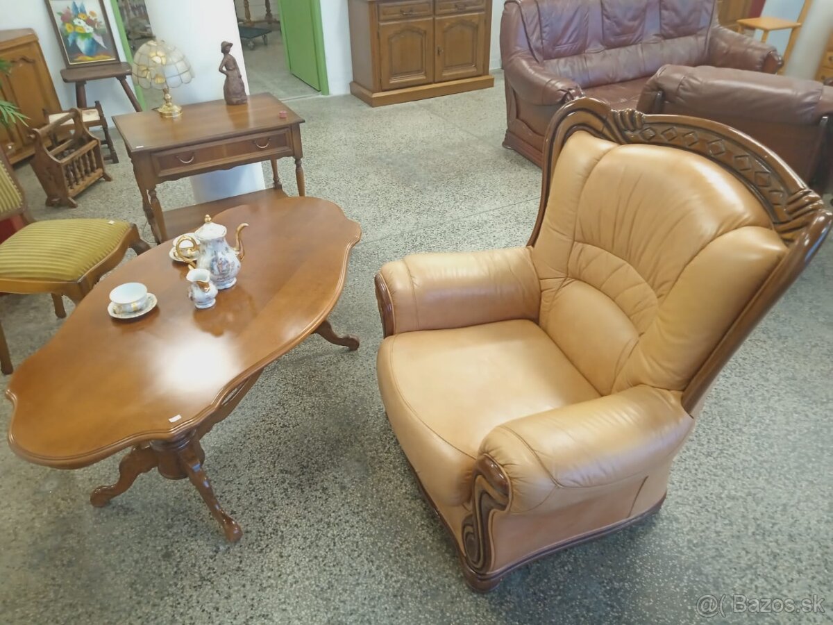 Rustikální kožené křeslo, masív, Nábytek s příběhem - 14