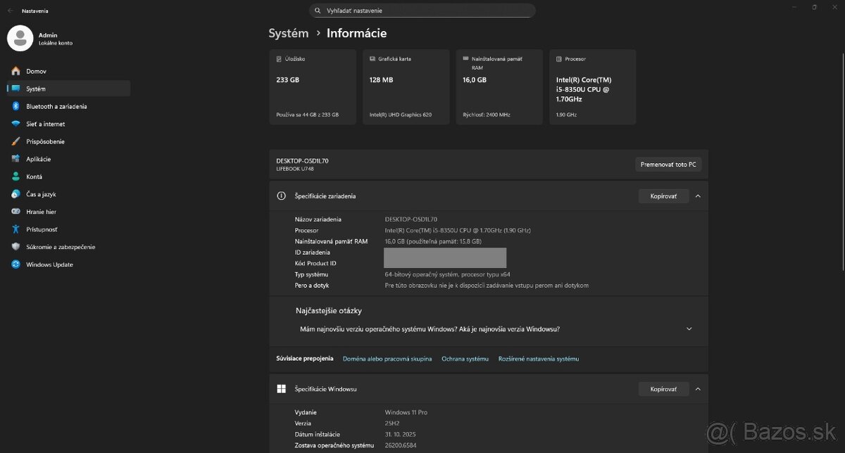 Fujitsu Lifebook U748 /i5-8350U/16GB RAM/FHD/256GB/Nová bat - 15