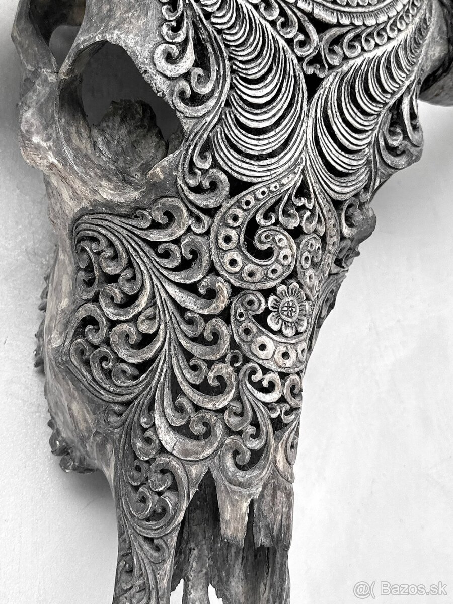 Obrovská šedá vyrezávaná lebka Vodného Bývola - motív Badong - 15