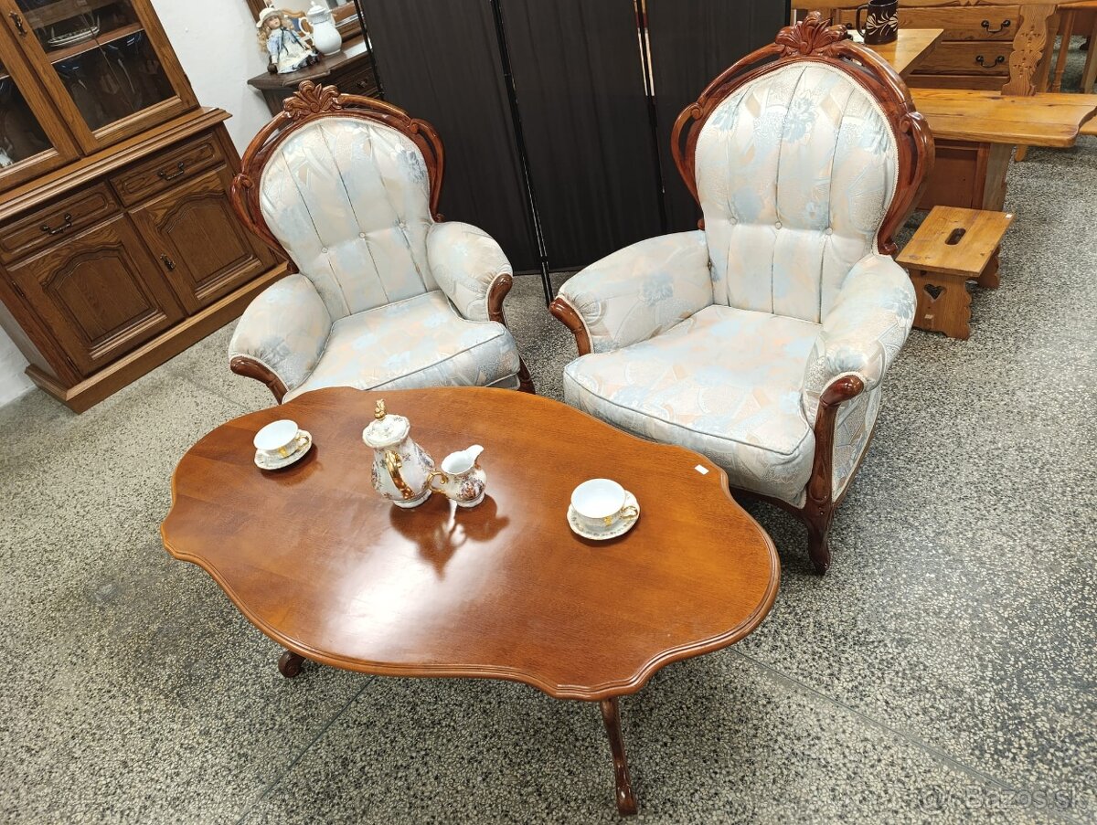 Zámecké křeslo 2 ks + konferenční stolek, i zvlášť, masív - 15