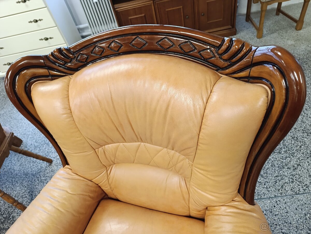 Rustikální kožené křeslo, masív, Nábytek s příběhem - 15