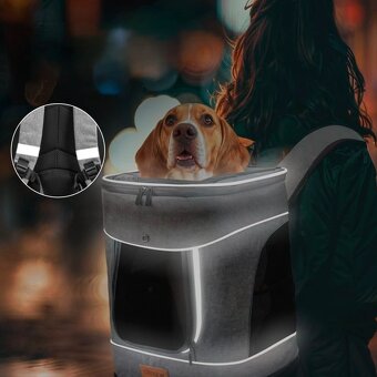 Reflexný batoh pre zvieratká s miskou - béžový čierny sivý - 15