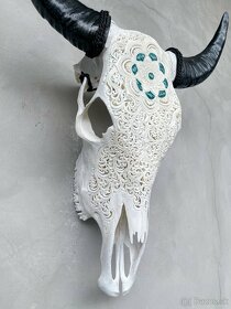 Ručne vyrezávaná lebka bieleho býka motív Mandala, 61cm - 15