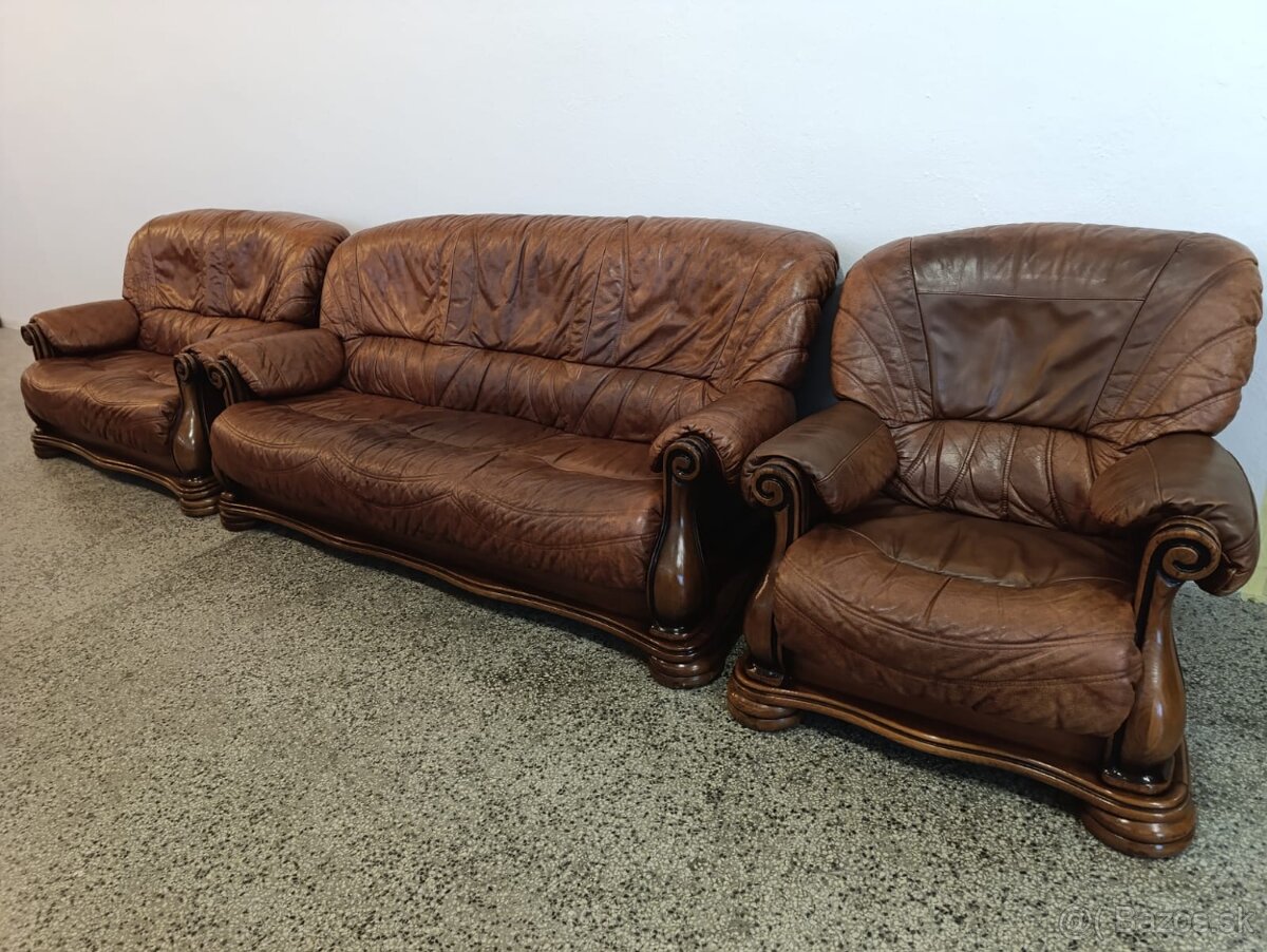 Kožená sedací souprava 3 + 2 + 1, nábytek z masívu - 16