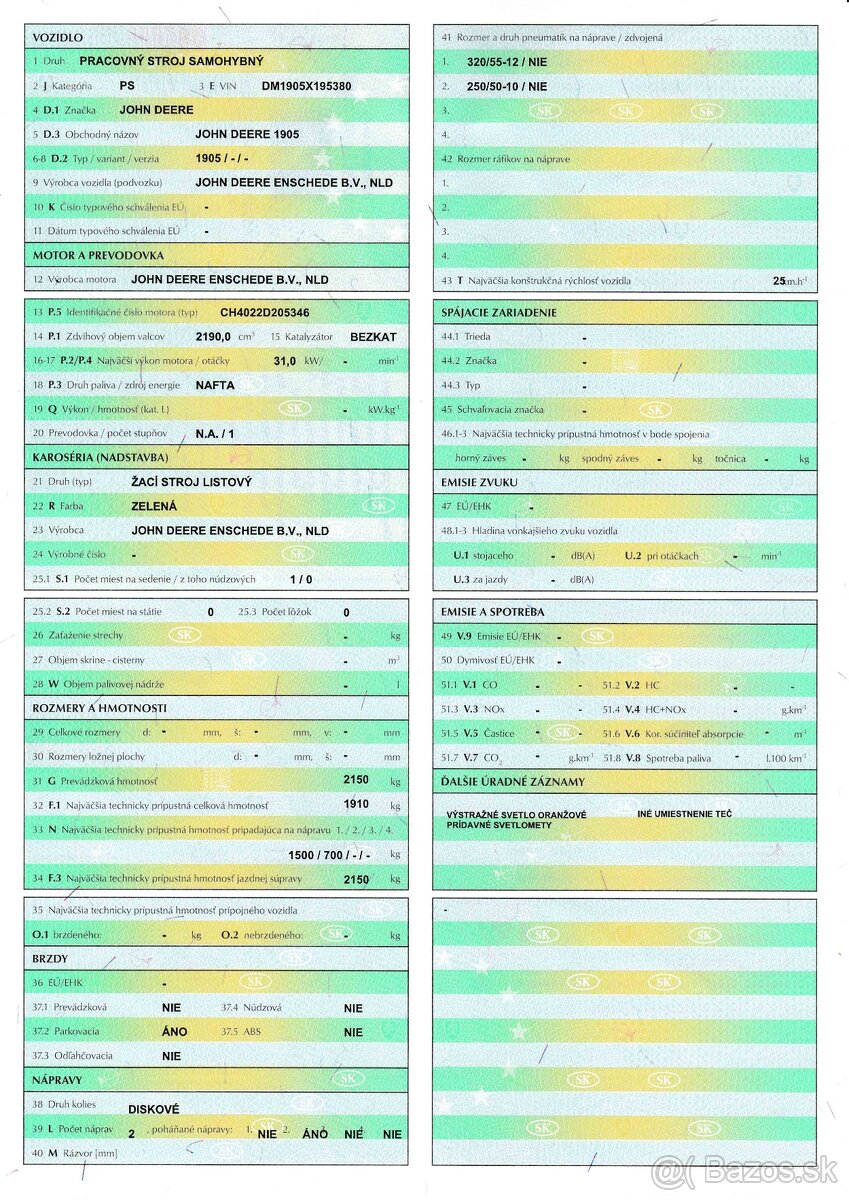 Vretenova kosacka John Deere 1905, SK SPZ - 16