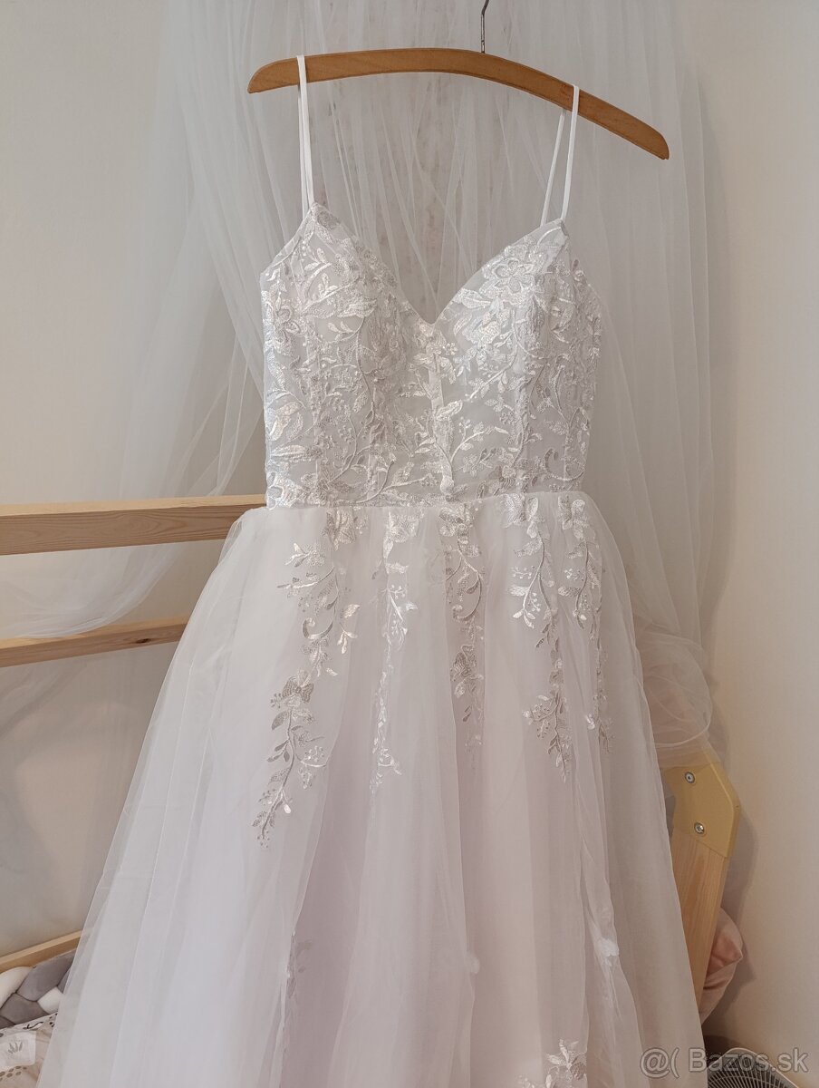 Krasne nové nenosené svadobné biele šaty na ramienka, 36 - 16