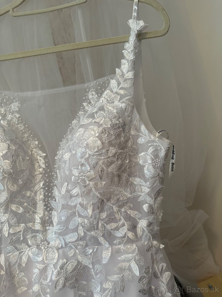 Krasne nové nenosené svadobné biele šaty na ramienka, 36 - 17