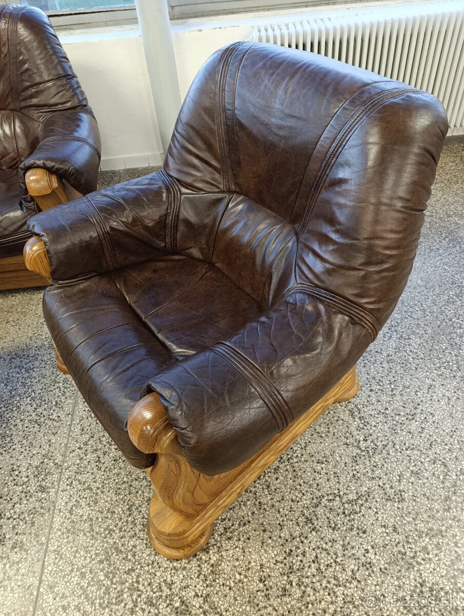 Rustikální kožená sedací souprava, 3+2+1, nábytek z masívu - 17