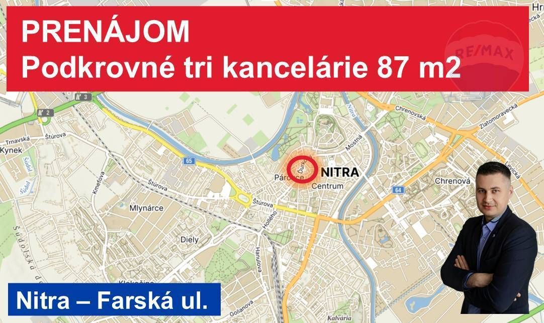 Prenájom troch kancelárií, 87 m², Farská 10, Nitra - 17