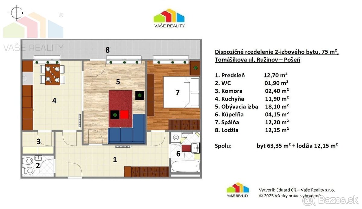 Na prenájom krásny 2-izbový byt s lodžia, 75 m², Tomášikova - 17