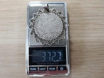 Velká stříbrná mince, stříbrný rámeček, ag, punc, 37g. - 17
