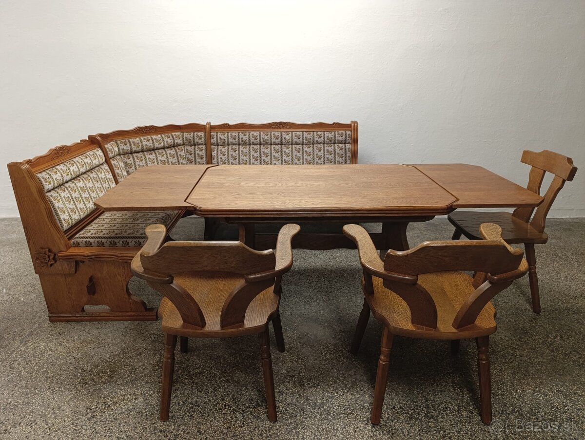Rustikální jídelní kout, rohová lavice, stůl, křesla, židle - 18