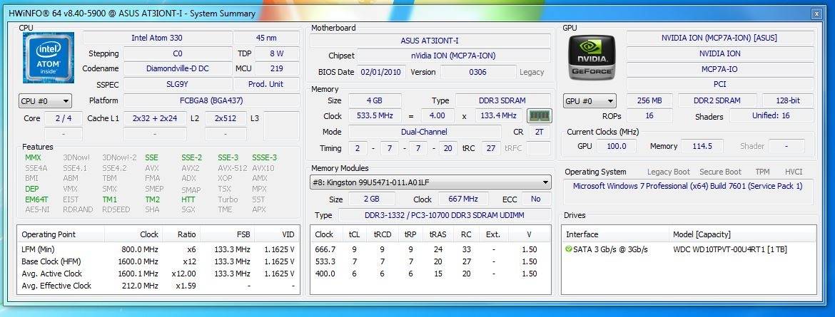 Predám mini-PC ASUS AT3IONT-I Intel Atom 330 1,60Hz 4GB RAM - 18