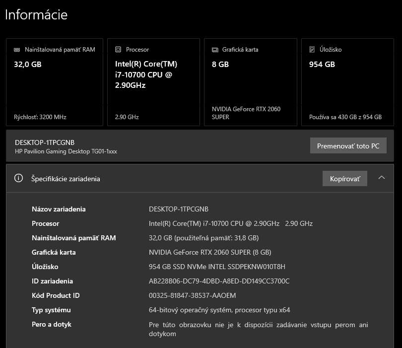 HP i7-10700, RTX 2060 SUPER 8GB, 32 GB RAM + 2× monitor - 18