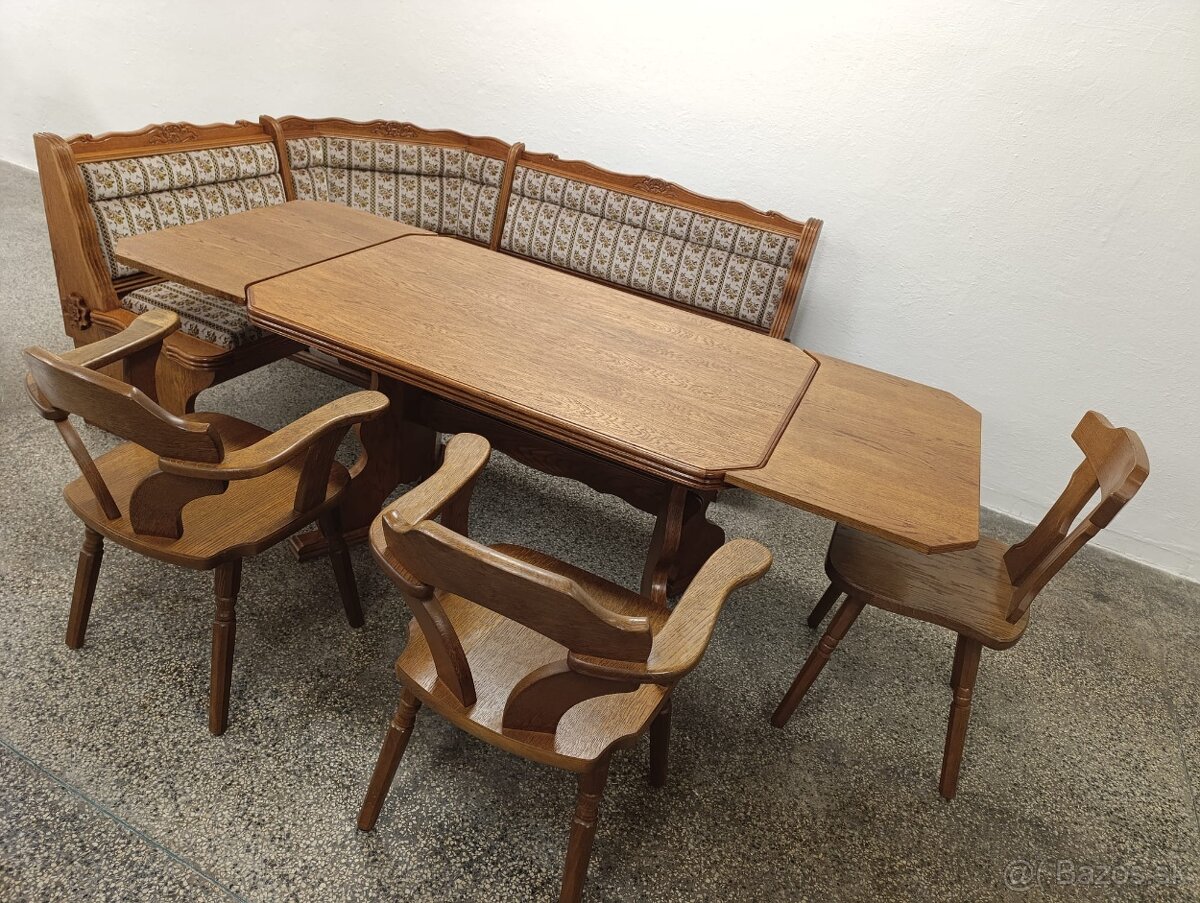 Rustikální jídelní kout, rohová lavice, stůl, křesla, židle - 19