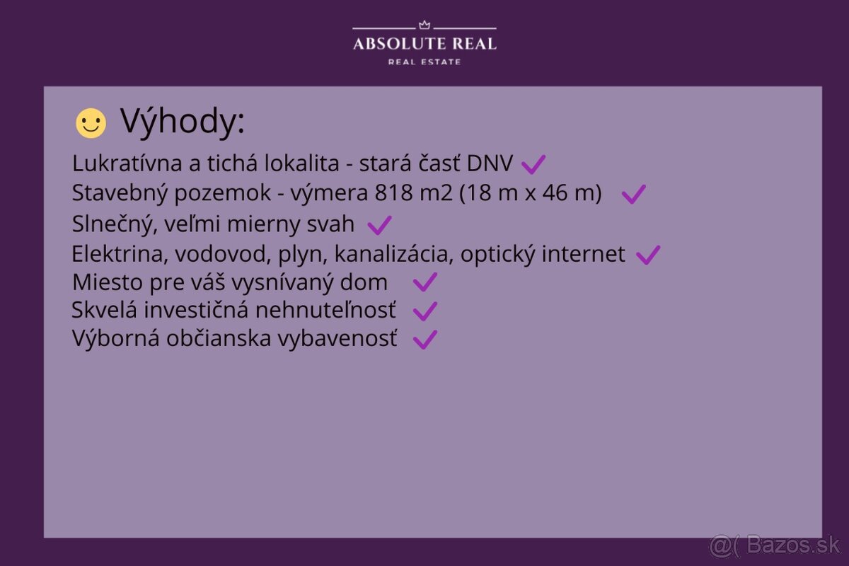 ABSOLUTE REAL/ Veľký stavebný pozemok 818 m2,DNV,ul. Na Grbe - 19