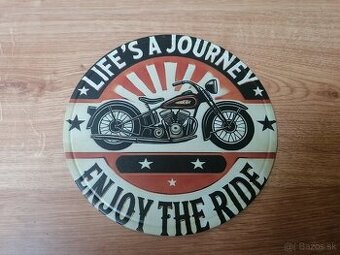 Plechová guľatá tabuľa Motorka- Život je cesta