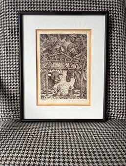 Grafika Peter Kľúčik - betlehem, signované, 1993
