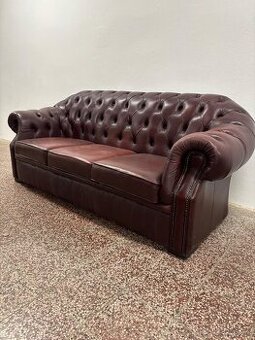 Chesterfield štýl,kožená sedačka tmavobordová 3+1,nerozťaho