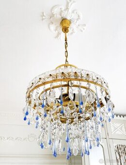 Mosadzný krištáľový luster 60. roky s Murano kvapkami