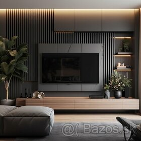 Luxusná obývacia stena čierno sivá + dubové doplnky