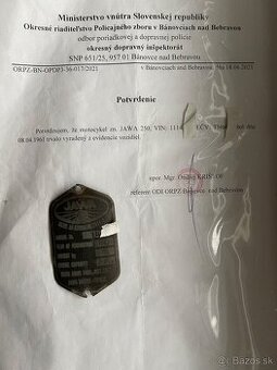 Jawa 250 perak - doklad o vyradeni s evidencie