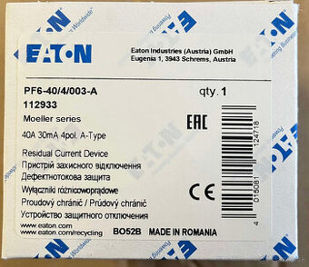 Prúdový chránič PF6 - 40A/4P/30mA, Typ A - 112933(Eaton)