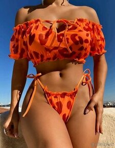 Oranžový komplet set sada leopardí vzor tangá top plavky - 1