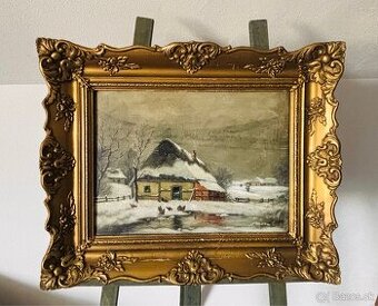 Obraz . Gazdovský dom v zime .
